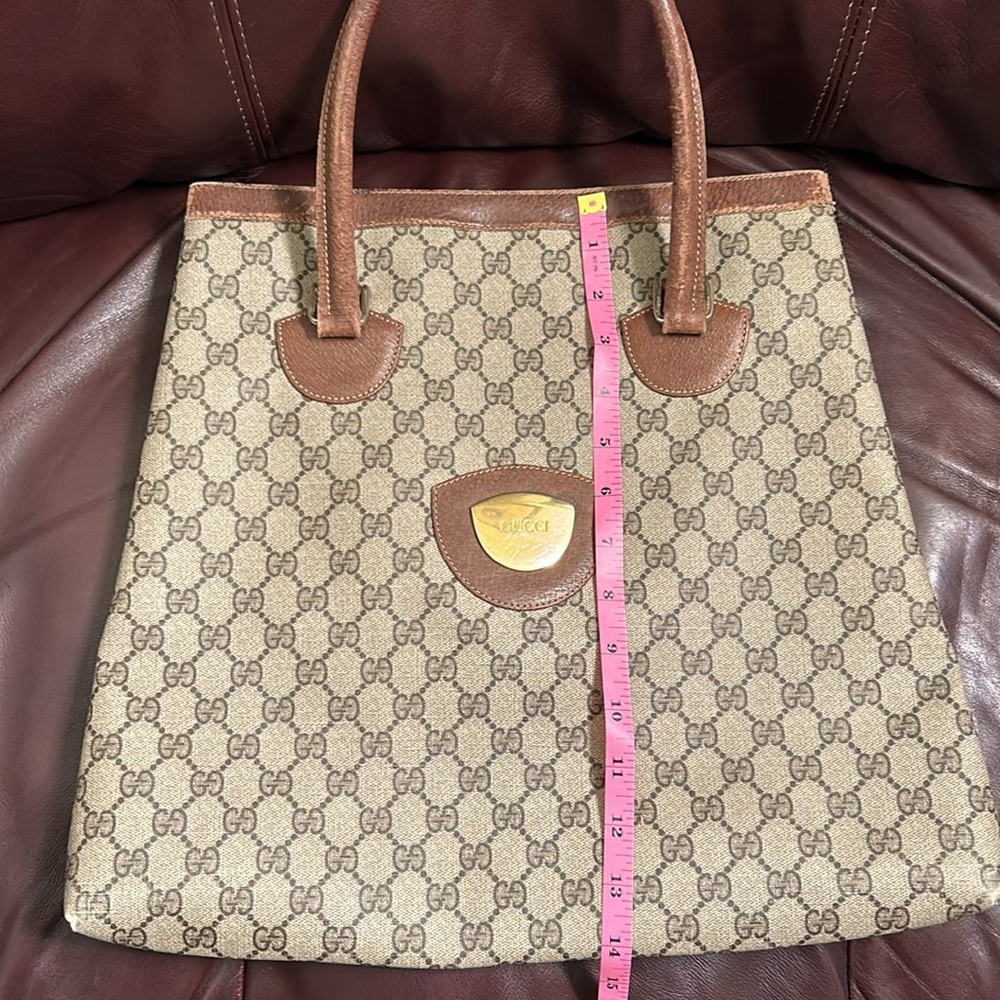 Vintage Gucci Supreme Beige Brown Fabulous Tote Bag Leather Handle Gold Accents - Picture 10 of 16
